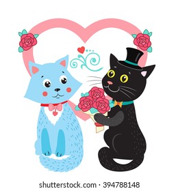 Two cute vector cats. Card design elements. Wedding invitation card. Cartoon bride and groom vector cat. Cute romantic background.