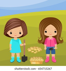 Two cute vector girls gardener with a shovel