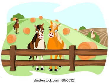 two cute vector horses on meadow in a wooden fence, with landscape in background