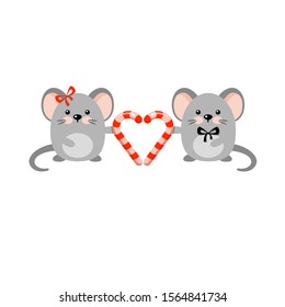 Two cute vector mice with sweet red and white canes holding them like a heart. Cartoon funny animal. Christmas card