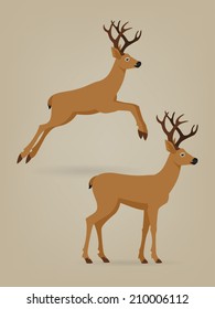 Two cute vector minimalistic deers in standing and jumping poses | Jumping and standing deer flat illustration 