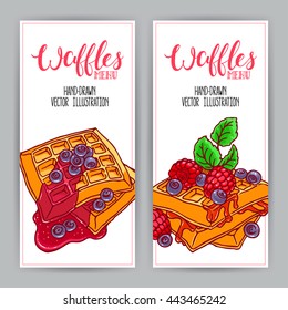 two cute vertical banner of waffles and berries. hand-drawn illustration