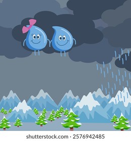 Two cute water drop friends sit on dark clouds and smile. Cartoon vector illustration with mountain and forest background for children's story, book cover, print.
