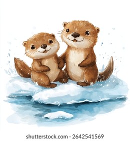 Two cute watercolor otters with brown fur are holding hands while standing on a blue and white ice floe with splashing water.
