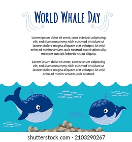 Two cute Whales in the blue sea Waves. World Whale Day Lettering and space for text. World whales day template. Protection of marine mammals. Vector flat illustration for card, poster, banner, placard