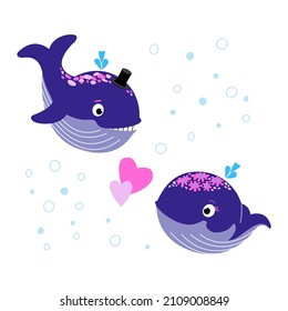 Two cute whales in love with abstract pink heart and bubbles . World Whale Day and Valentines Day idea. Vector flat illustration for poster, banner, card, children book.