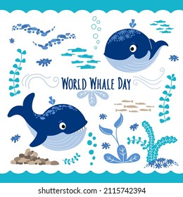 Two Cute Whales In Undersea World, Fish, Algae, Reefs, Stones, Bubbles. World Whale Day Lettering. World Whales Day Collection. Protection Of Marine Mammals. Vector Flat Illustration.