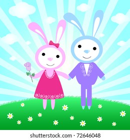 Two cute white Bunnies in love