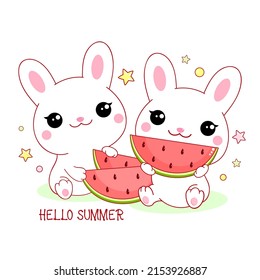 Two cute white bunnies with watermelon. Inscription Hello summer. Kawaii little rabbits are happy to eat watermelon. Happy summer time. Friends have picnic. Vector illustration EPS8