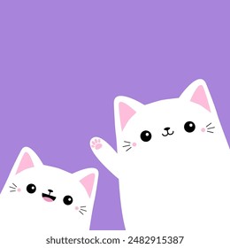 Two cute white cat set in the corner waving hand. Funny kitten face head. Cartoon kawaii baby character. Pet animal. Pink ears, paw print. Valentines day. Flat design. Violet background. Vector