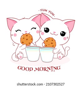 Dos lindos gatos blancos con galletas con chips de choco y leche. Inscripción Buenos Días. Kawaii pequeño gatito está feliz de comer galletas. Hora del desayuno. Los amigos desayunan. Ilustración del vector EPS8