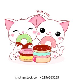 Two cute white cats with donuts. Inscription Yum yum. Kawaii little kitty are happy to eat donut. Friends have picnic. Vector illustration EPS8