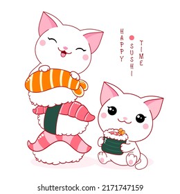 Two cute white cats with maki roll and sushi. Inscription Happy sushi time. Kawaii little kitties are happy to eat sushi. Vector illustration EPS8