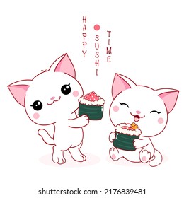 Two cute white cats with maki rolls. Inscription Happy sushi time. Kawaii little kitties are happy to eat sushi. Vector illustration EPS8