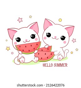 Two Cute White Cats With Watermelon. Inscription Hello Summer. Kawaii Little Kitty Are Happy To Eat Watermelon. Happy Summer Time. Friends Have Picnic. Vector Illustration EPS8