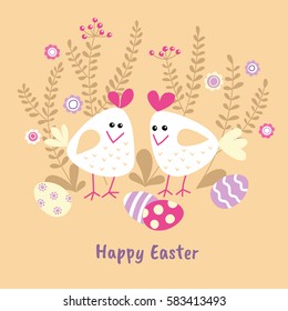Two cute white chicken with painted eggs and sprigs. Vector illustration. Easter card design template.