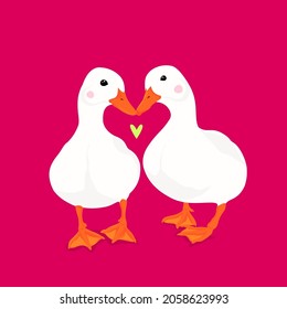 Two cute white ducks in love with each other. Romantic relationship and love concept for postcards, prints, t-shirts and other goods. Hand drawn adorable animals.