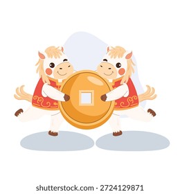 Dois cavalos brancos bonitos celebrando o ano novo chinês enquanto segurando uma moeda chinesa de ouro juntos. Ilustração do zodíaco