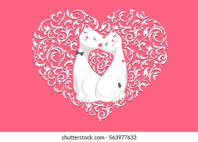 Two cute white lovers cartoon cat in floral pattern heart. Pink valentines day background. Love greeting card design