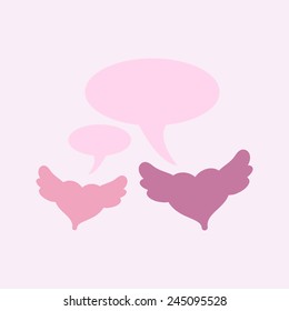 Two cute wings hearts with speech bubbles on light pink background and space for text. For invitations, greeting cards, postcards