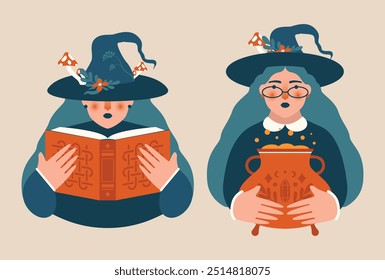 Two cute witch holding in hands magic old book and cauldron with boiling potion. Vector clip arts for Halloween card, party invitation, sticker. Cartoon characters of witch in hat. Witchcraft.