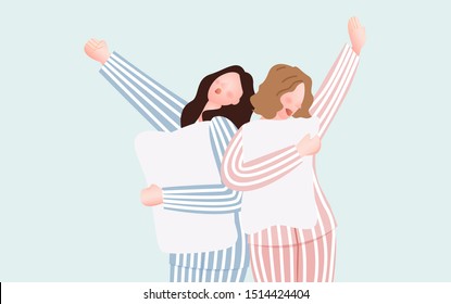 Two cute woman wearing striped pyjamas holding pillows and screaming of joy at slumber party isolated on blue background. flat vector illustration