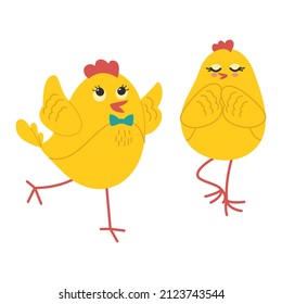 Two cute yellow chicks romantic couple. Vector illustration.
