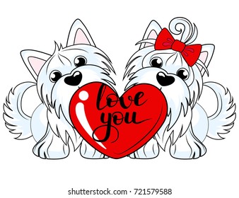 Two cute Yorkshire Terrier dogs with heart on a white background. Vector illustration for greeting card on Valentines day, poster, or print on clothes.