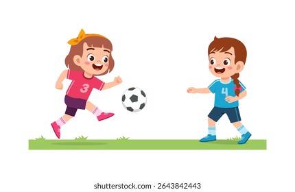 Two Cute Young Children Playing Soccer Together on Grass Field with Happy Expression in Cartoon Style
