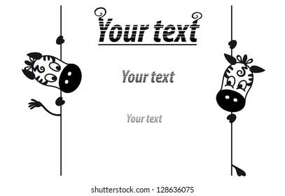 Two cute zebra peeping from behind the wall. They play or a tease each other.Useful for the label. You can insert text