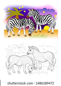 Two cute zebras in African desert. Colorful and black and white page for coloring book for kids. Fantasy illustration of animals. Printable worksheet for children and adults. Vector cartoon image.