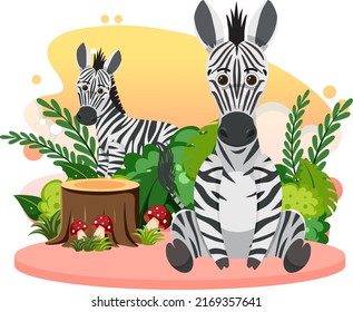 Two cute zebras in flat cartoon style illustration