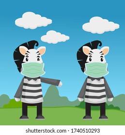 
two cute zebras wear masks and keep their distance, illustration animal characters, covid-19 campaigns