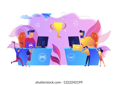 Two cyber sport players at computers competing for a trophy and fans cheering with flags. E-sport fans, computer game fan, e-sport fan club concept. Bright vibrant violet vector isolated illustration