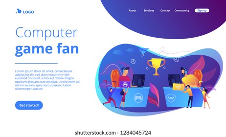 Two cyber sport players at computers competing for a trophy and fans cheering with flags. E-sport fans, computer game fan, e-sport fan club concept. Website vibrant violet landing web page template.