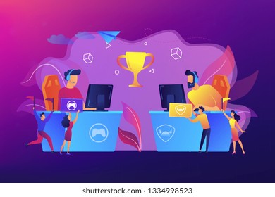 Two cyber sport players at computers competing for a trophy and fans cheering with flags. E-sport fans, computer game fan, e-sport fan club concept. Bright vibrant violet vector isolated illustration