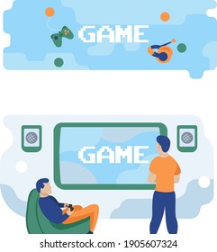 Two cyber sport players at computers competing for a trophy and fans cheering with flags. E-sport fans, computer game fan, e-sport fan club concept. Header or footer banner template with copy space.