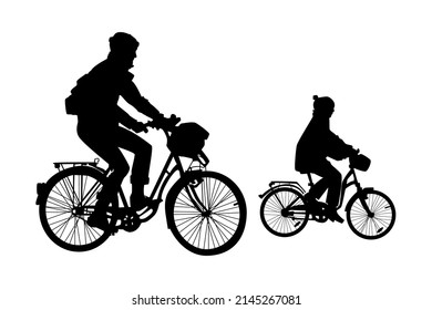 Two cyclist silhouette isolated on white background. Little girl riding bicycle with father. Biker family outdoor in bike driving. Urban leisure activities. People ride bicycles. Vector illustration