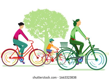 two cyclists with children - vector illustration
