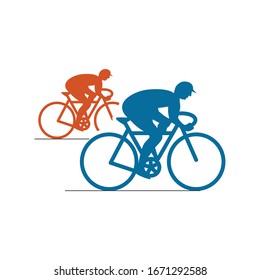 Two cyclists compete. Vector illustration, sign, symbol. The competition on the bike. Two men in caps are pedaling.