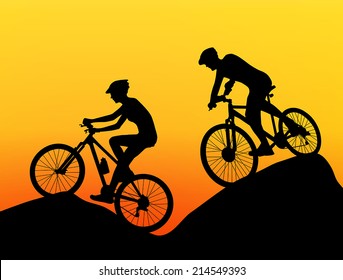 two cyclists silhouette extreme biking vector