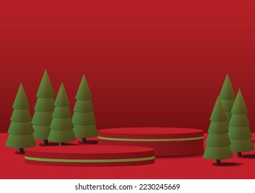 two cylinder 3d podium set of red and green fir trees on red background. It is suitable for product presentation at Christmas and New Year. vector eps 10