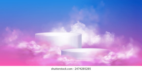 Two cylinder product podiums in fluffy clouds on blue and pink gradient background. Realistic vector illustration of sky scene with round platform template for goods display and presentation.