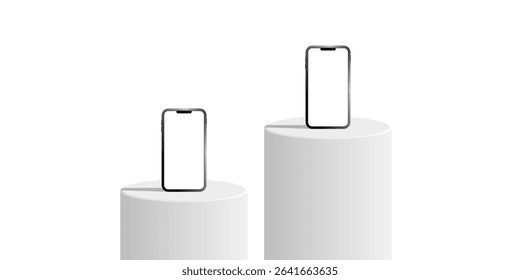 Two Cylinder white podium stage pedestal and platform with blank smartphone display mockup. Ideal for mobile product showcase, app design preview, or digital device marketing presentation.