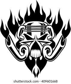 Two cylinders engine in skull shape with fire pattern background 