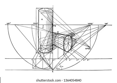 Two cylinders, one horizontal, the perpendicular alternative. The base of the horizontal cylinder is at an angle of 40  with the PP. the inclination of the sun 50  m of elevation 28 , vintage