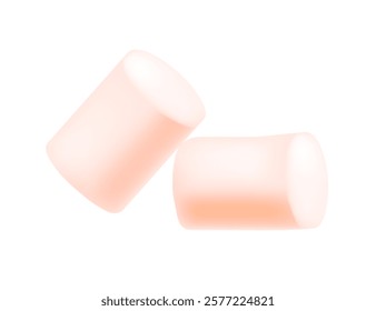 Two cylindrical marshmallows in soft pink and white tones with a fluffy appearance. Sweet tasty dessert, sugar food. Vector illustration isolated on white background