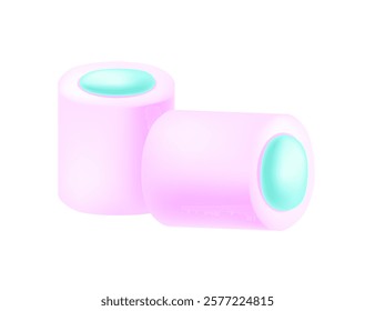 Two cylindrical marshmallows in soft purple and turquoise tones with a fluffy appearance. Sweet tasty dessert, sugar food. Vector illustration isolated on white background