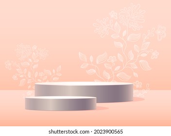 Two cylindrical podiums. Background with floral pattern. Mock up to accommodate your design. Pastel shades. 3 D visualization