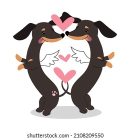 Two dachshund dogs are holding a heart. Valentine's day card. Vector illustration